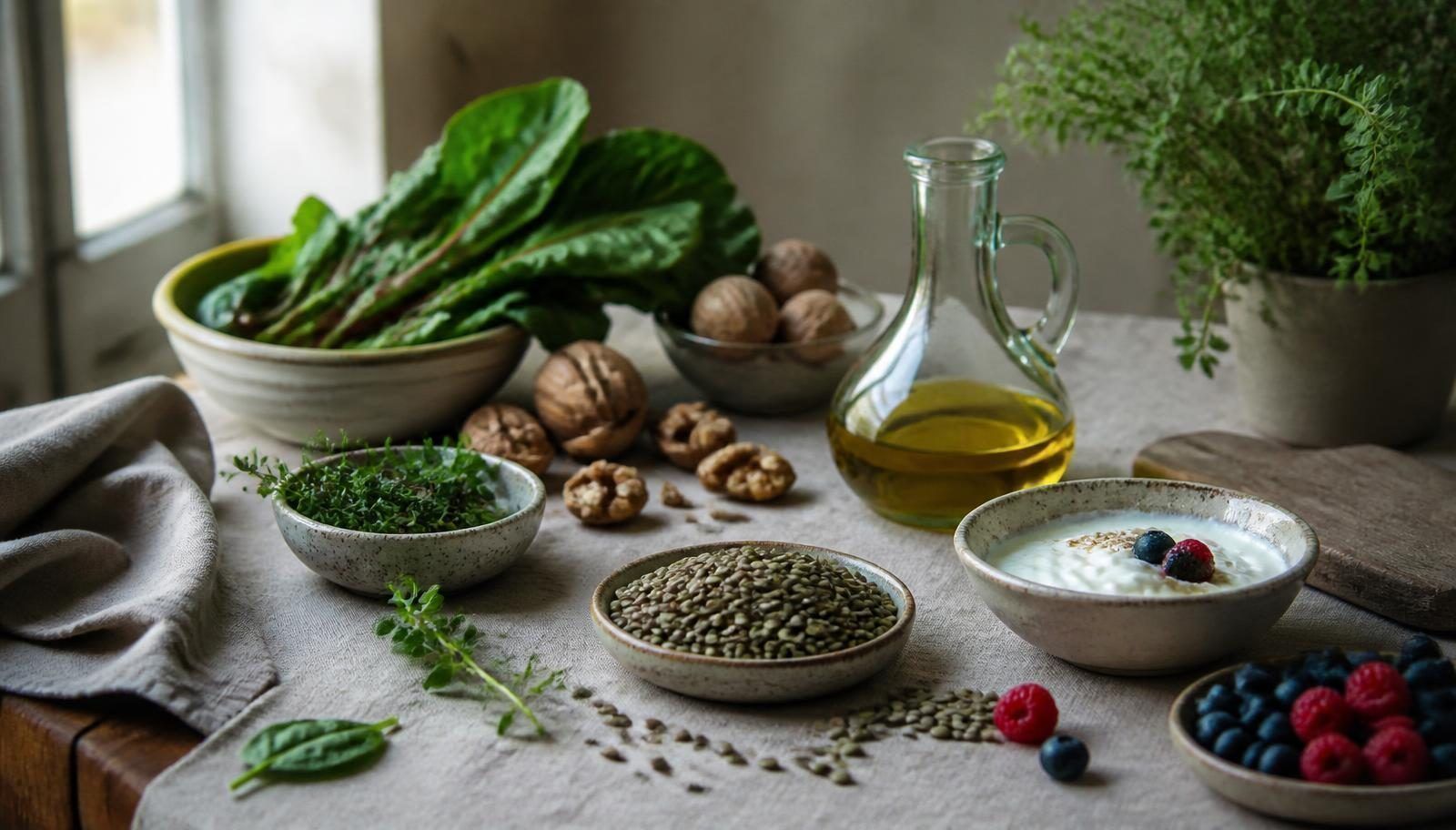 Table avec légumes, légumineuses, noix, huile d’olive, herbes et baies à la lumière du jour